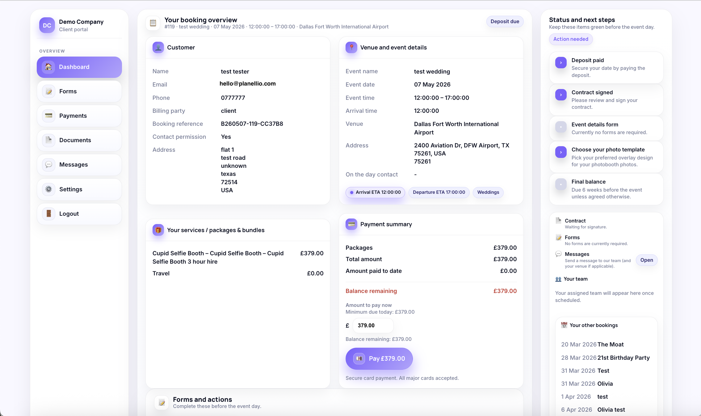 DJ client portal workflow in Planellio